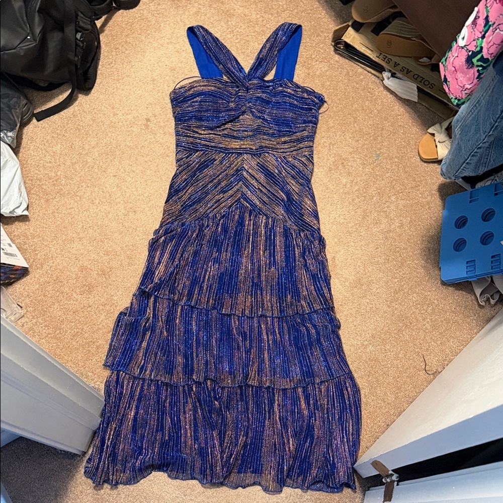 Cache Elegant December Blue and gold halter Dress size 4